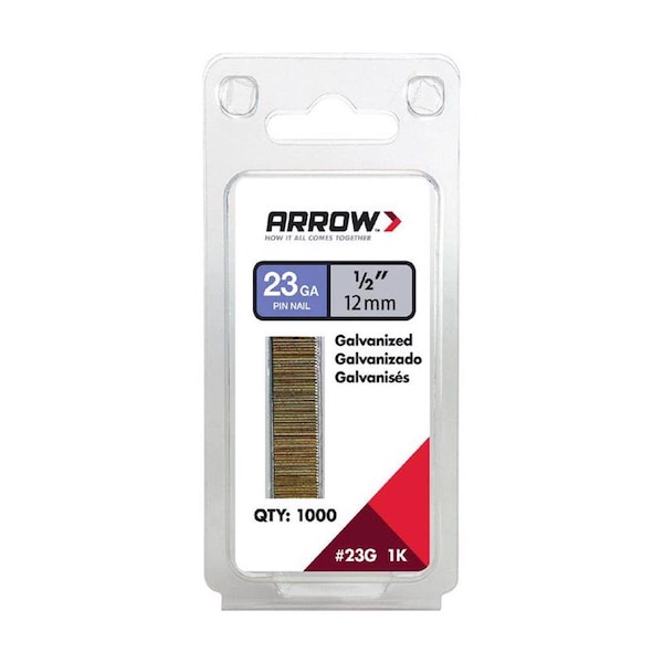 Arrow Fastener Collated Pin Nail, 1/2 in L, 23 ga, Galvanized, Headless Head, Straight, 1000 PK 23G12-1K - main
